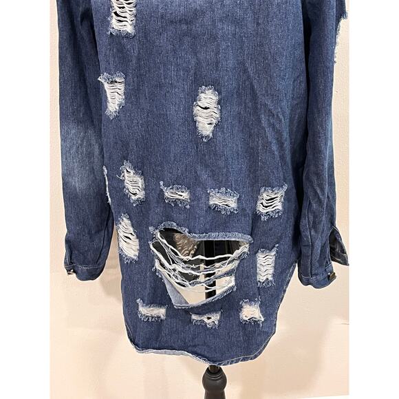 Oversized Distressed Denim Jacket Grunge Y2K Festival Longline Shacket XL - Picture 10 of 14